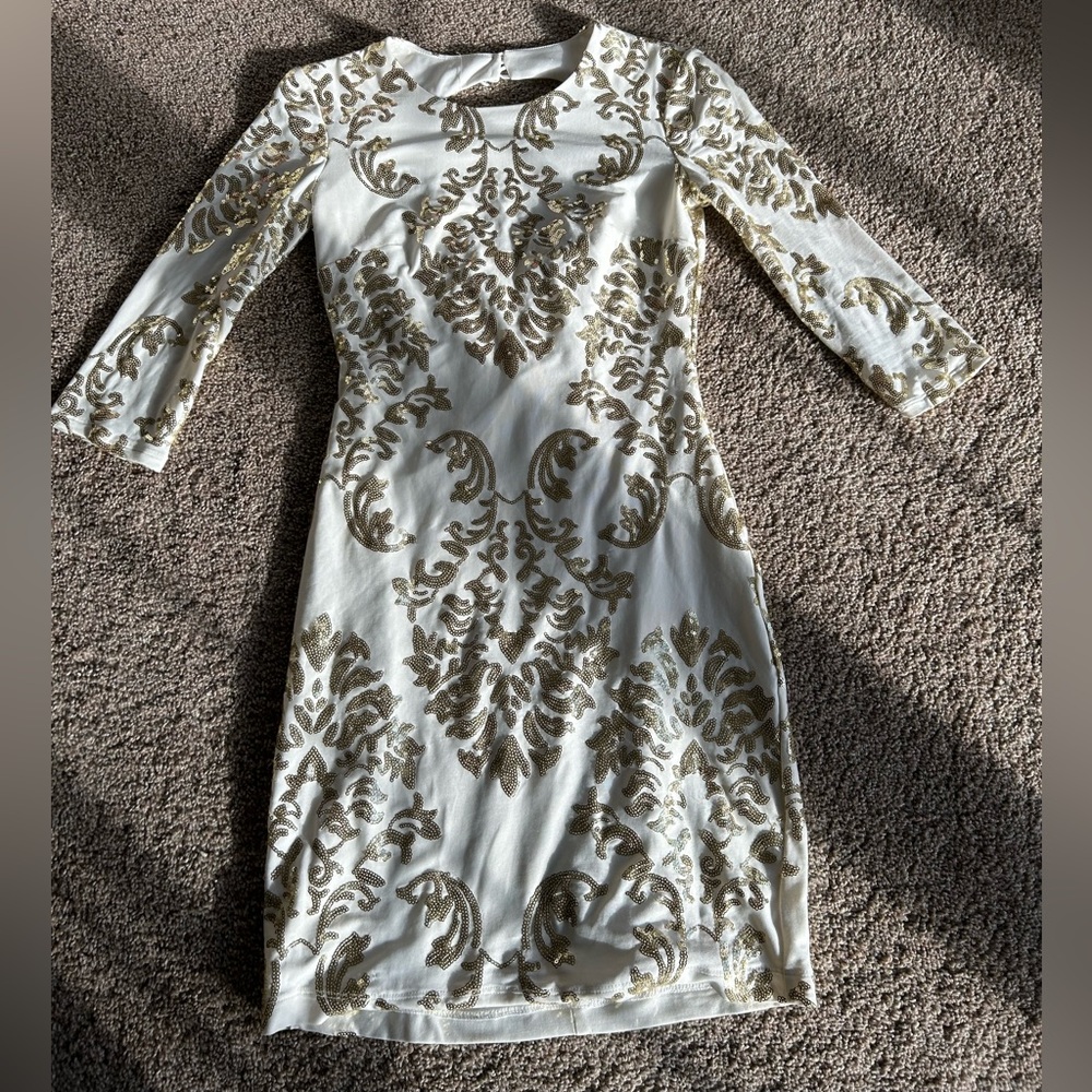 B Darlin White and Gold Long Sleeve Dress